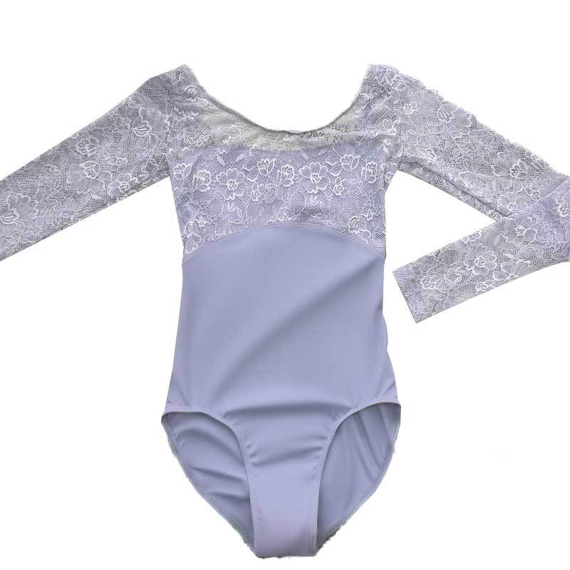 バレエレオタード 花柄総レース切替長袖バレエレオタード