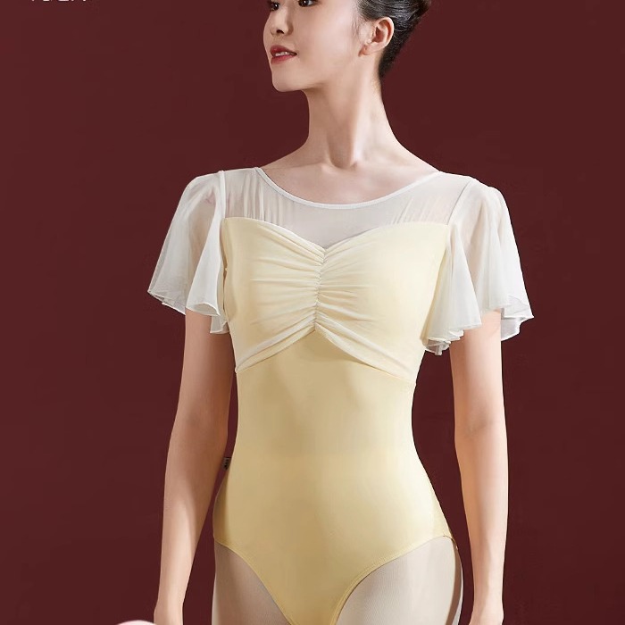 バレエレオタード シフォンフリル袖ギャザー切替バレエレオタード