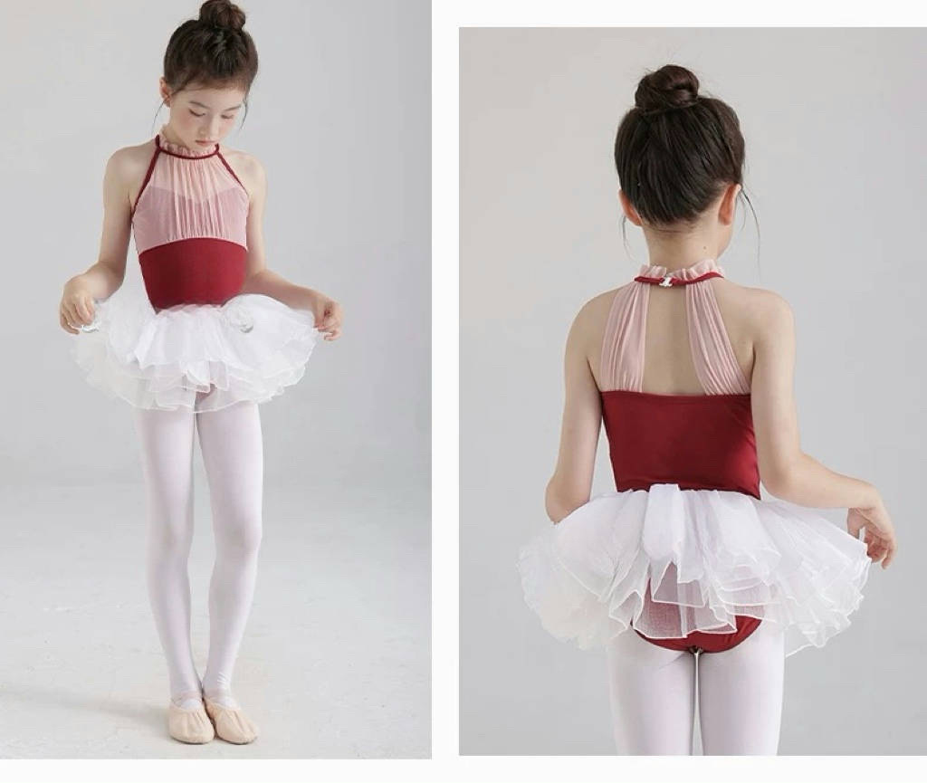 バレエレオタード プリーツシフォン切替ホルターネックレオタード