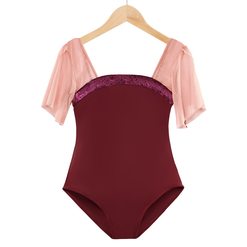 バレエレオタード シフォン袖付きベルベット装飾バレエレオタード