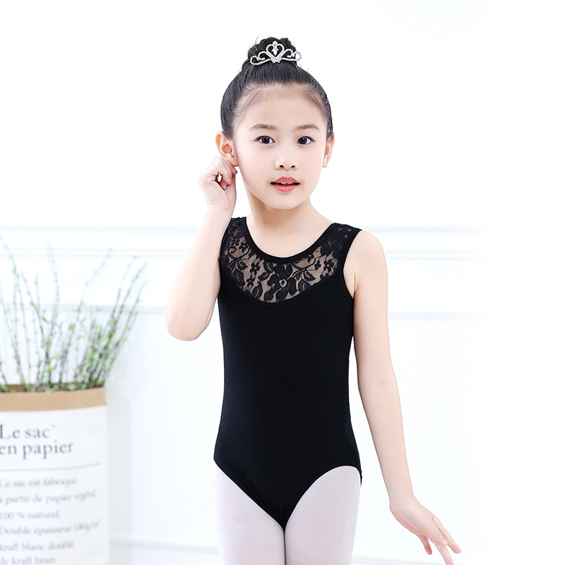 バレエレオタード 胸元レース切替ノースリーブバレエレオタード