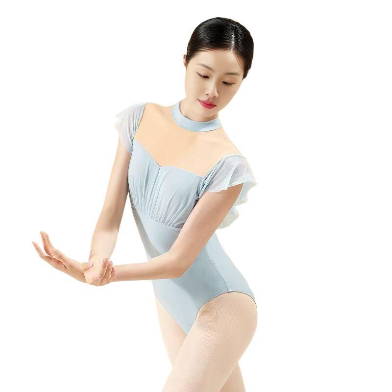 バレエレオタード 首元チョーカー付きシアースリーブバレエレオタード