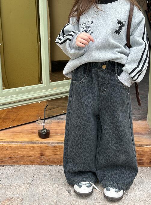 子供服 ヒョウ柄デニムパンツ ワイドロング 90-160センチ