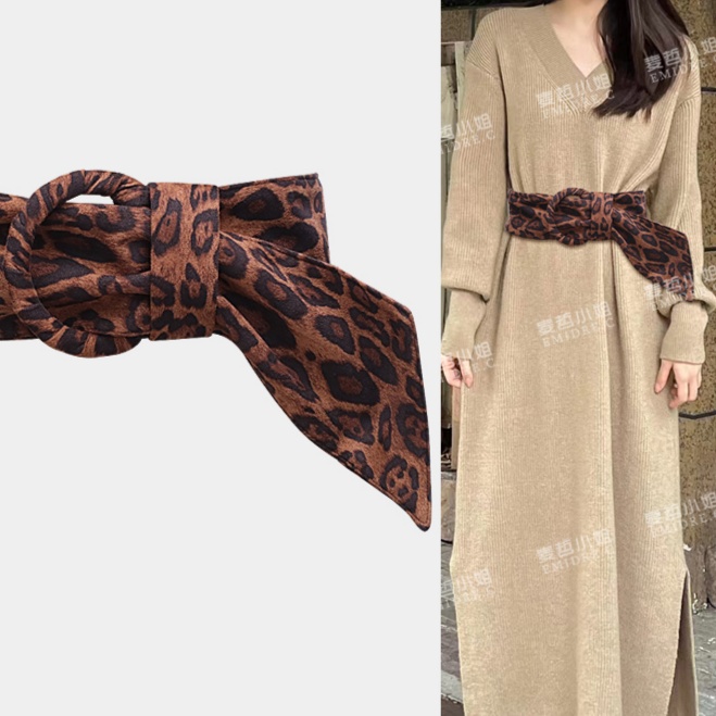 結び目デザイン ヒョウ柄ベルト