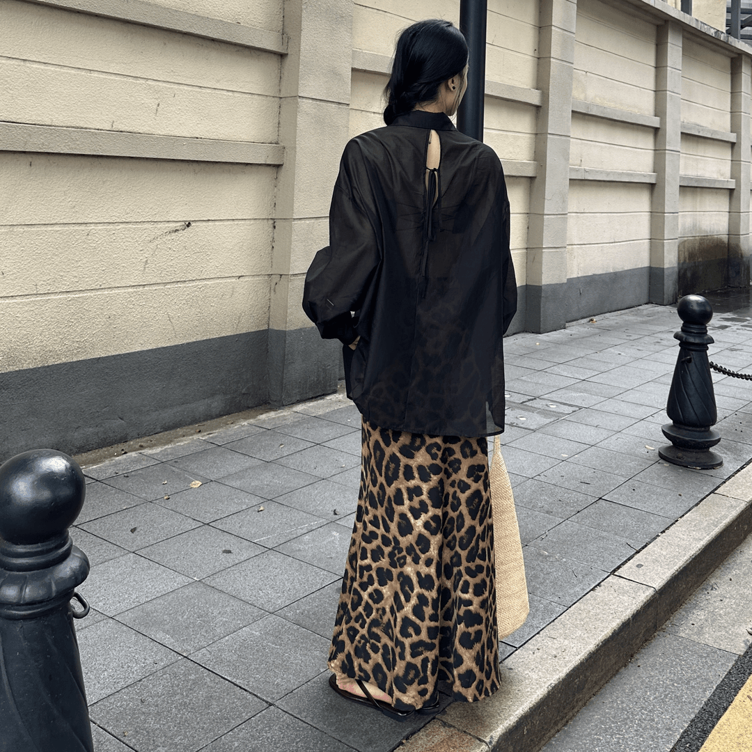 大胆ヒョウ柄フレアロングスカート
