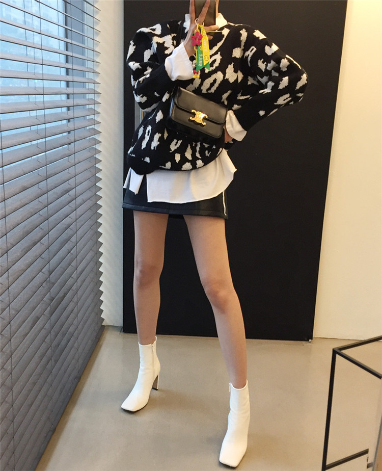 大人可愛いヒョウ柄ニットトップス ゆったり丸首セーター