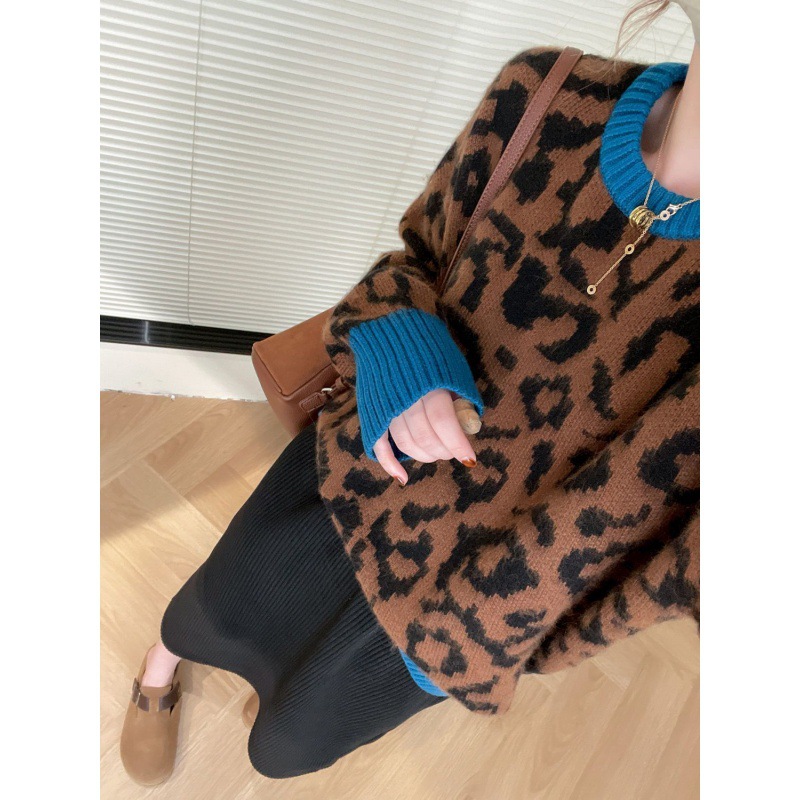 ヒョウ柄 豹柄リブ切替ニットセーター