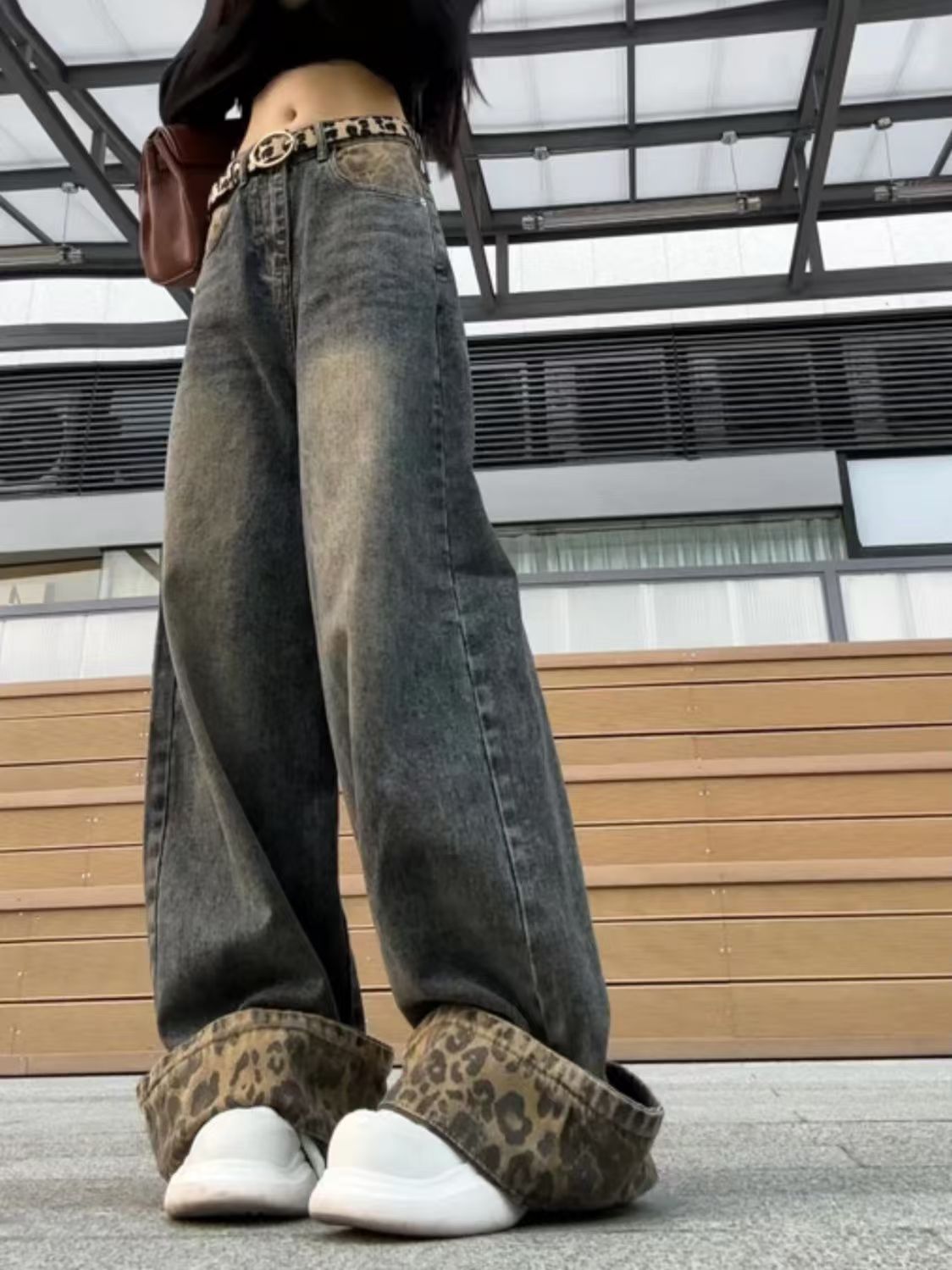 ヒョウ柄 ヒョウ柄アクセント極太デニムパンツ