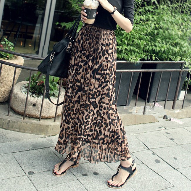 レオパード ヒョウ柄シフォンプリーツロングスカート