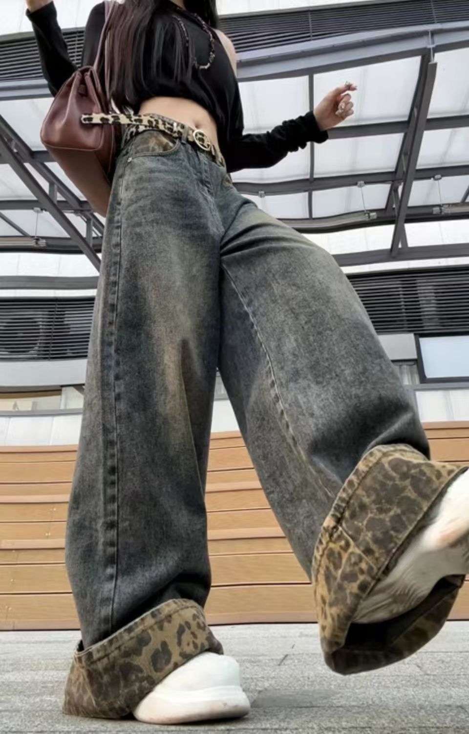 ヒョウ柄 ヒョウ柄アクセント極太デニムパンツ