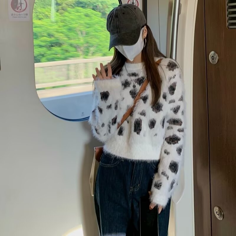 もこもこヒョウ柄ニットプルオーバー