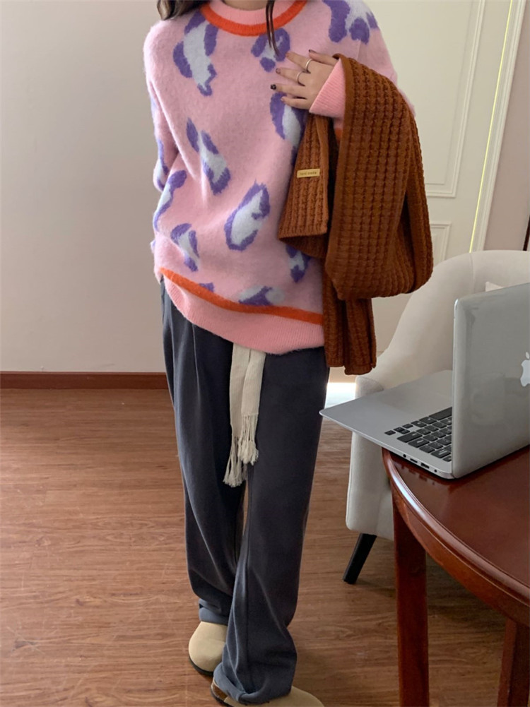 ヒョウ柄ゆったりニットセーター トップス レトロ厚手