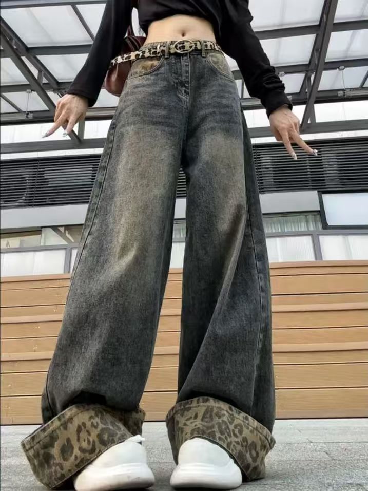 ヒョウ柄 ヒョウ柄アクセント極太デニムパンツ