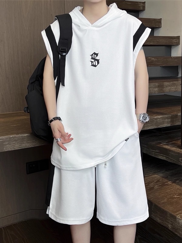 メンズジャージ メンズ半袖フード付きジャージ上下セット白