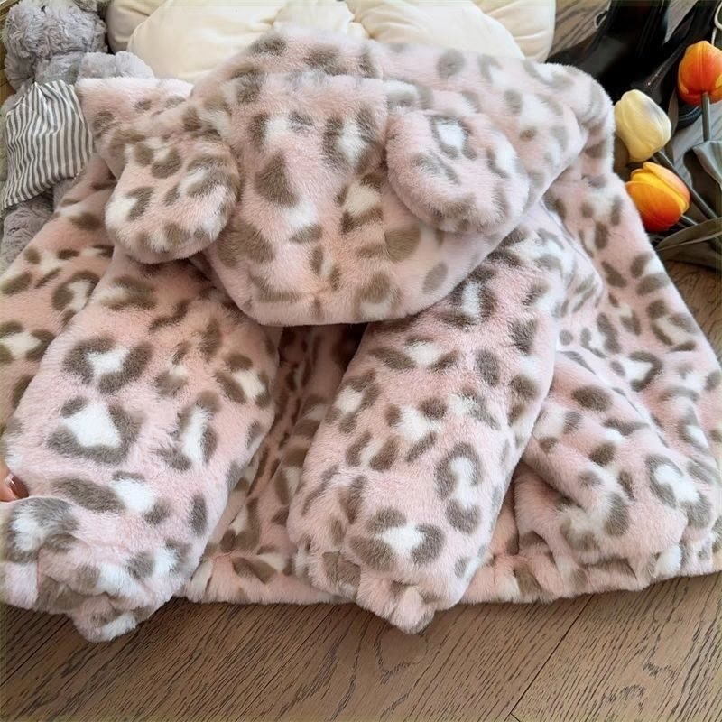 ベビー服 豹柄ふわふわもこもこ耳付きフード付きベビーボアジャケット アウター