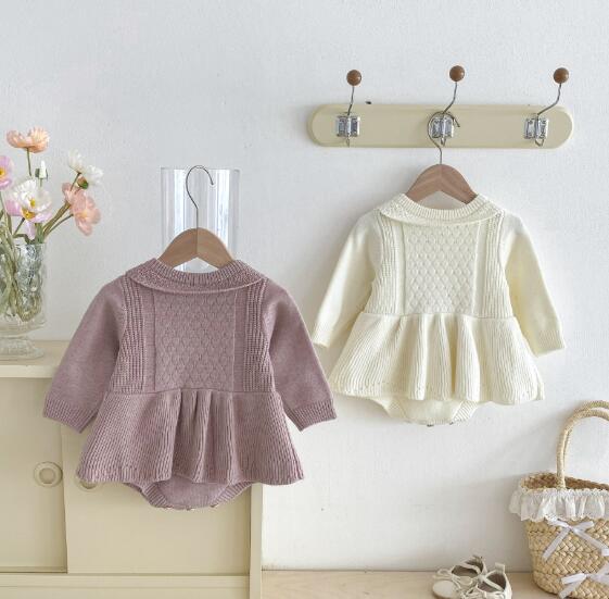 ベビー服 新作ニットロンパース長袖カバーオール襟付き２色展開