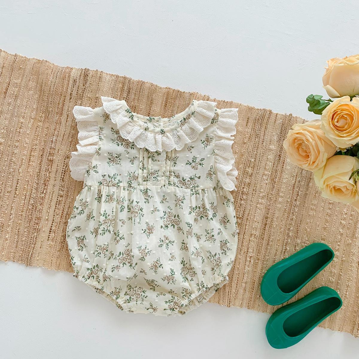 花柄フリル袖ロンパース 韓国風ベビー服 可愛い連体服