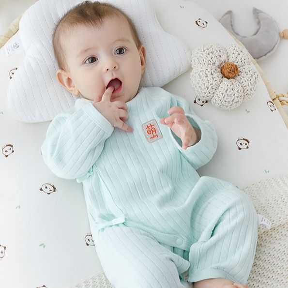 ベビー服 新生児用やわらか縦縞模様カバーオール長袖