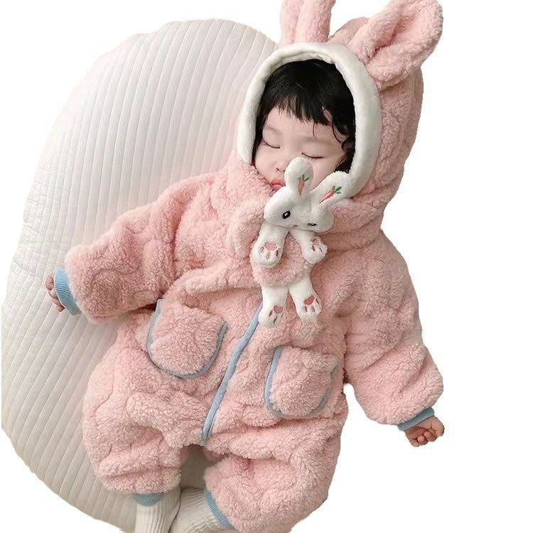 ベビー服 うさぎ耳付きもこもこフード付きロンパース