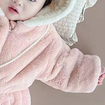 ベビー服 うさぎ耳付きもこもこフード防寒ロンパース