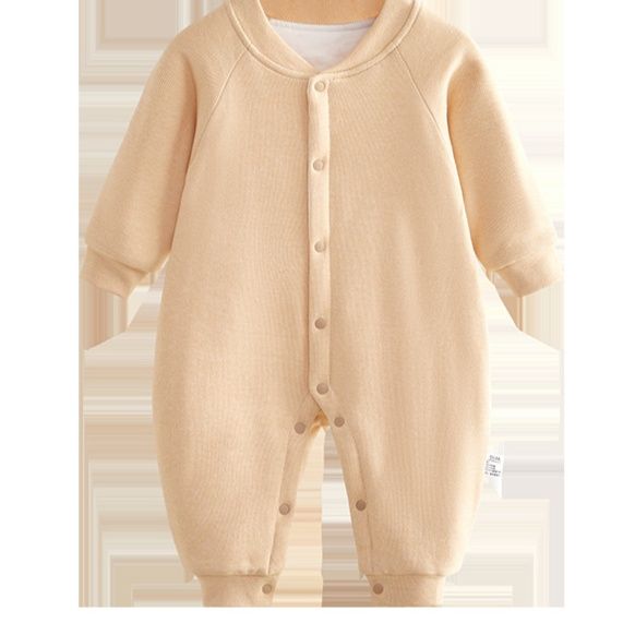 ベビー服 前開きスナップボタン長袖リブニットロンパース