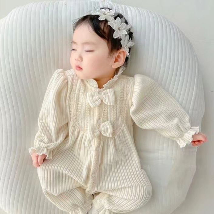 ベビー服 リボン付き縦縞柄長袖新生児カバーオール