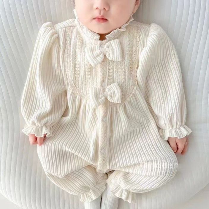 ベビー服 リボン付き縦縞柄長袖新生児カバーオール