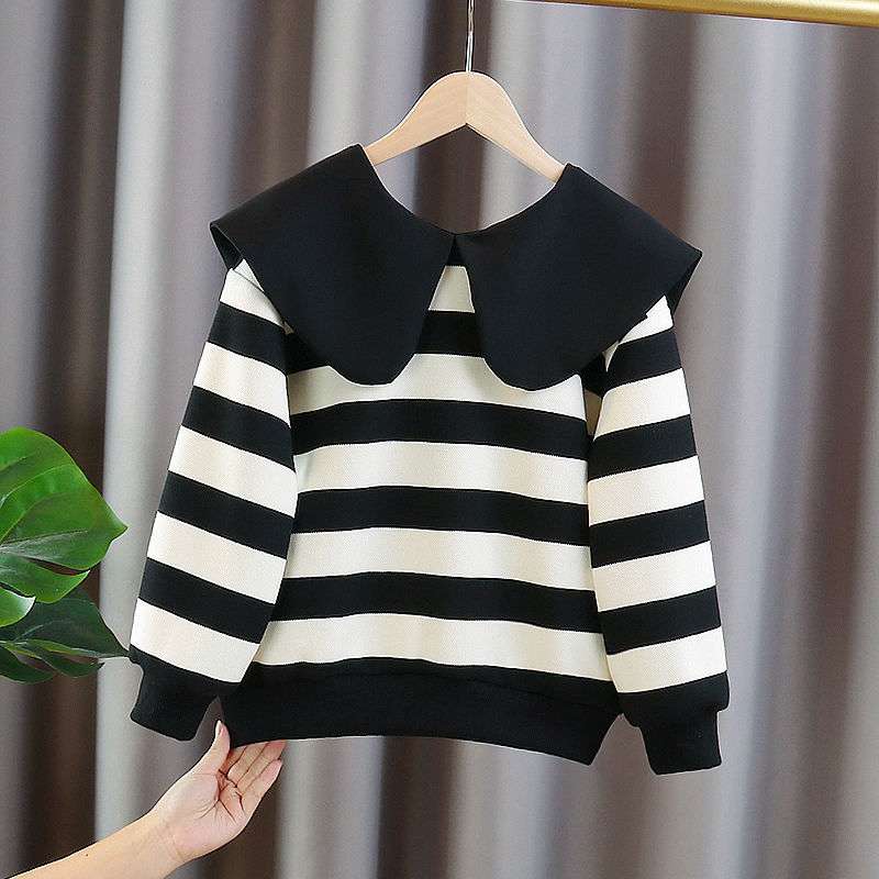 ベビー服  大きな襟付きボーダーニットトップス