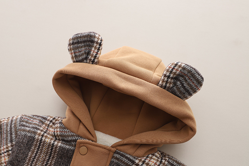 ベビー服 くまさんワッペン付きチェック柄フード付き中綿ジャケット アウター