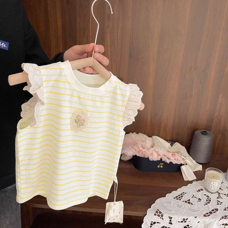 ベビー服  フリル付きストライプ柄ベビー用ノースリーブシャツ