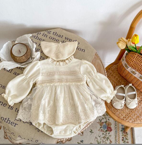 ベビー服 新生児用レース連体服 おしゃれお嬢様風 長袖ロンパース