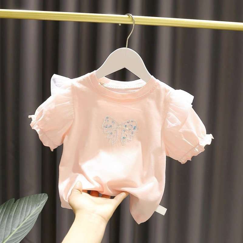 ベビー服  リボン付きパフスリーブ半袖カットソー