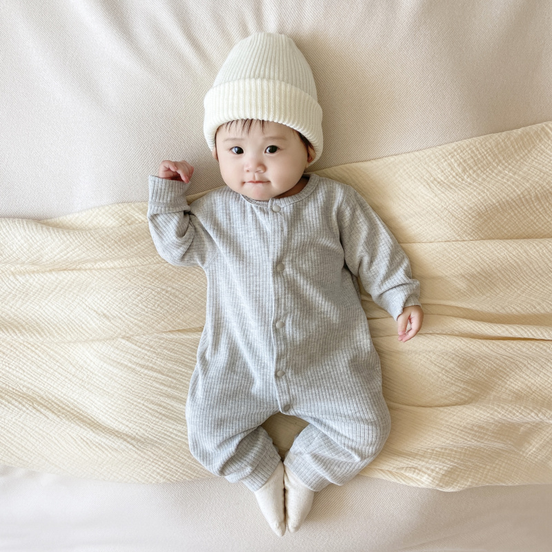ベビー服 リブ編み長袖前開きロンパース