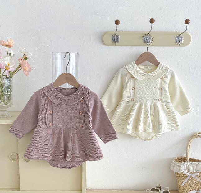 ベビー服 新作ニットロンパース長袖カバーオール襟付き２色展開
