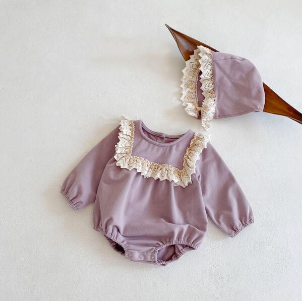 ベビー服 新生児連体服レース付きお嬢様風帽子セット