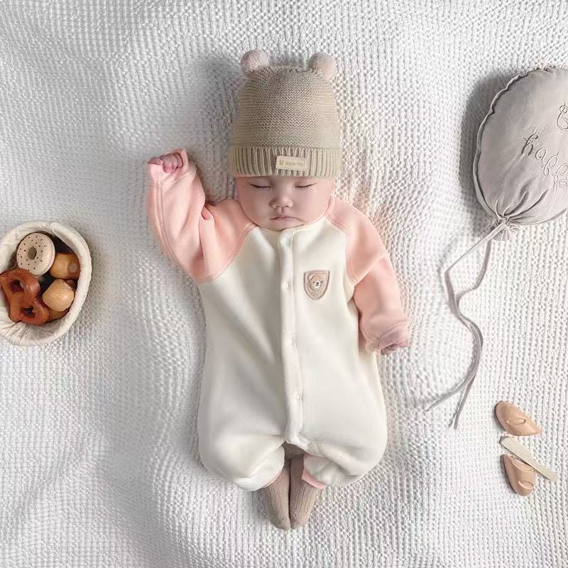 ベビー服 小熊刺繍の配色切替ロンパース