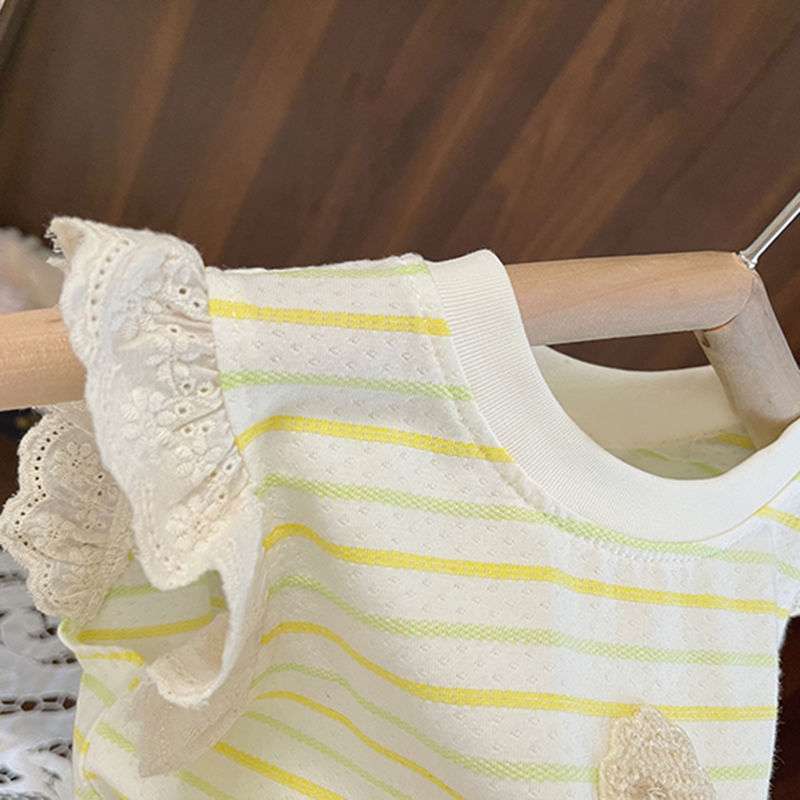 ベビー服  フリル付きストライプ柄ベビー用ノースリーブシャツ