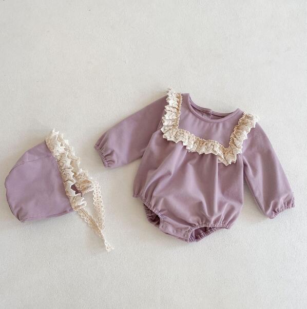 ベビー服 新生児連体服レース付きお嬢様風帽子セット