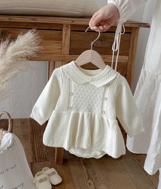 ベビー服 新作ニットロンパース長袖カバーオール襟付き２色展開