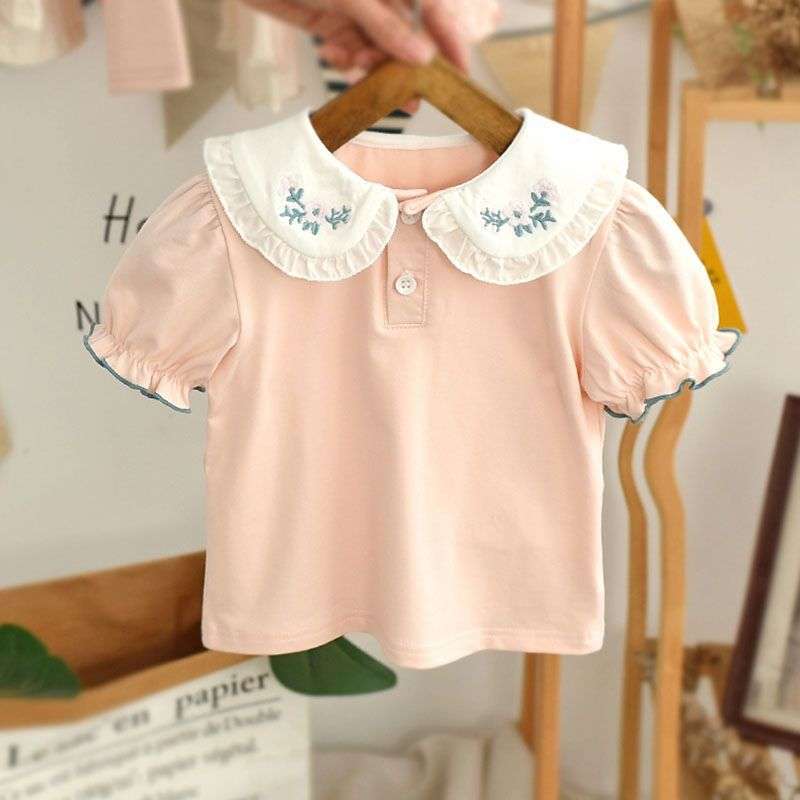 ベビー服  刺繍入りフリル襟半袖ブラウス