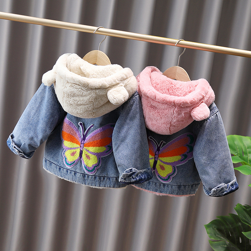 ベビー服 うさ耳フード付きもこもこ裏地デニムジャケット　アウター