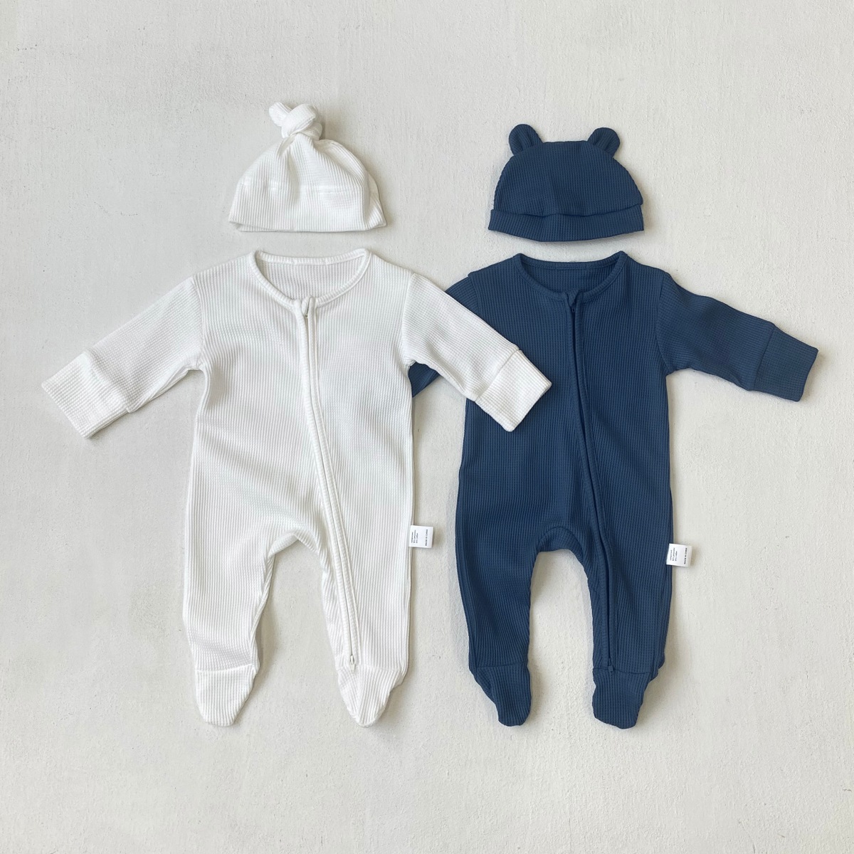 ベビー服新生児 くま耳付きワッフル編みロンパース帽子セット