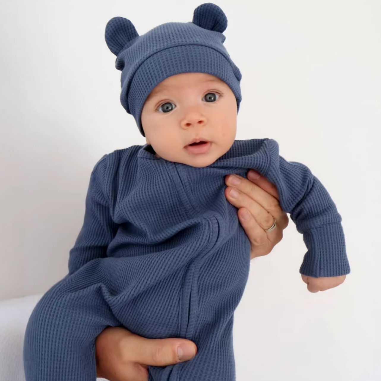 ベビー服新生児 くま耳付きワッフル編みロンパース帽子セット