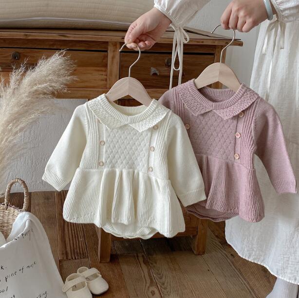 ベビー服 新作ニットロンパース長袖カバーオール襟付き２色展開