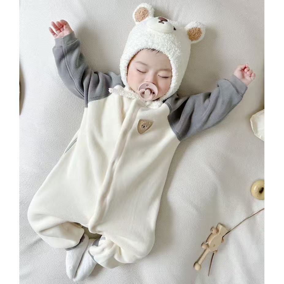 ベビー服 小熊刺繍の配色切替ロンパース