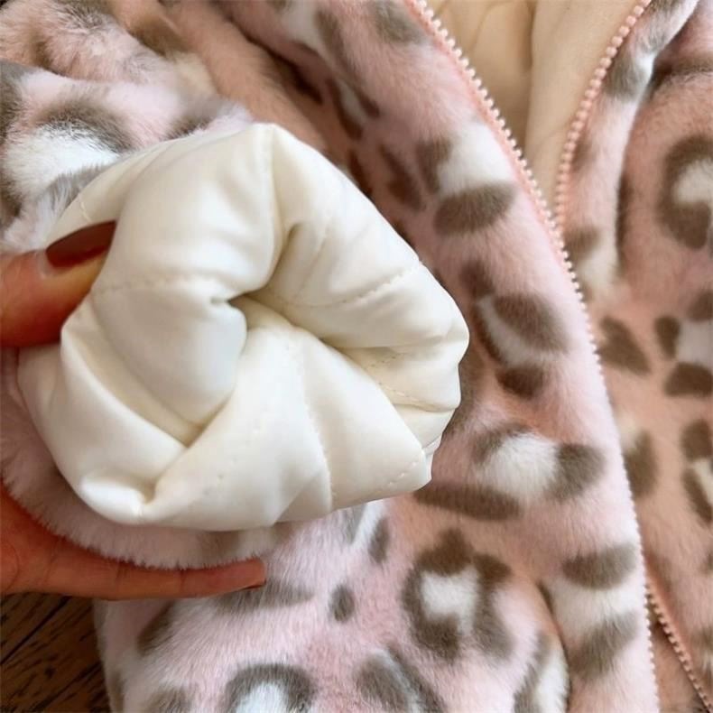 ベビー服 豹柄ふわふわもこもこ耳付きフード付きベビーボアジャケット アウター