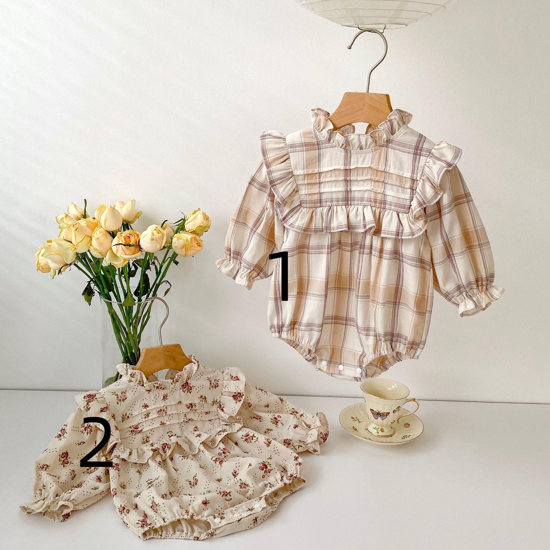 長袖シャツロンパース チェック柄 花柄 ベビー服 66-100cm