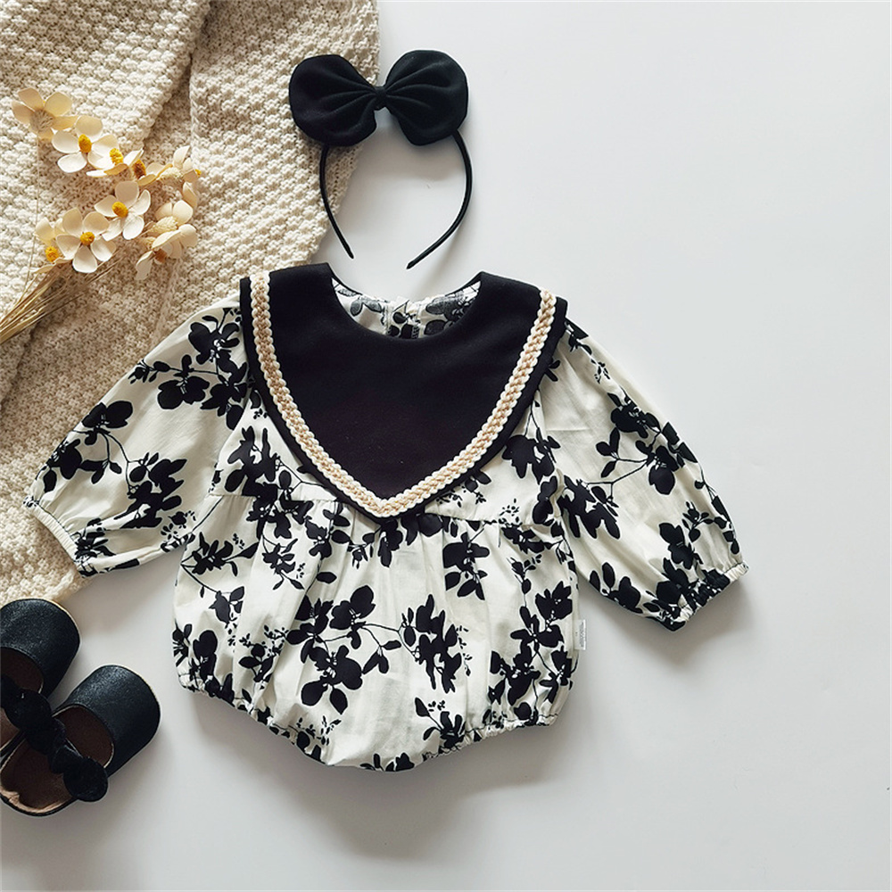 ベビー服 花柄ロンパース 女の子 韓国風 長袖 可愛い襟付き