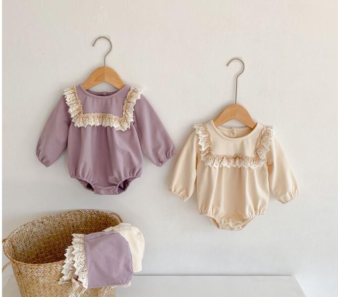 ベビー服 新生児連体服レース付きお嬢様風帽子セット