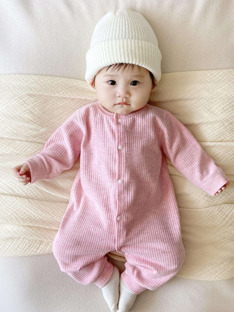 ベビー服 リブ編み長袖前開きロンパース